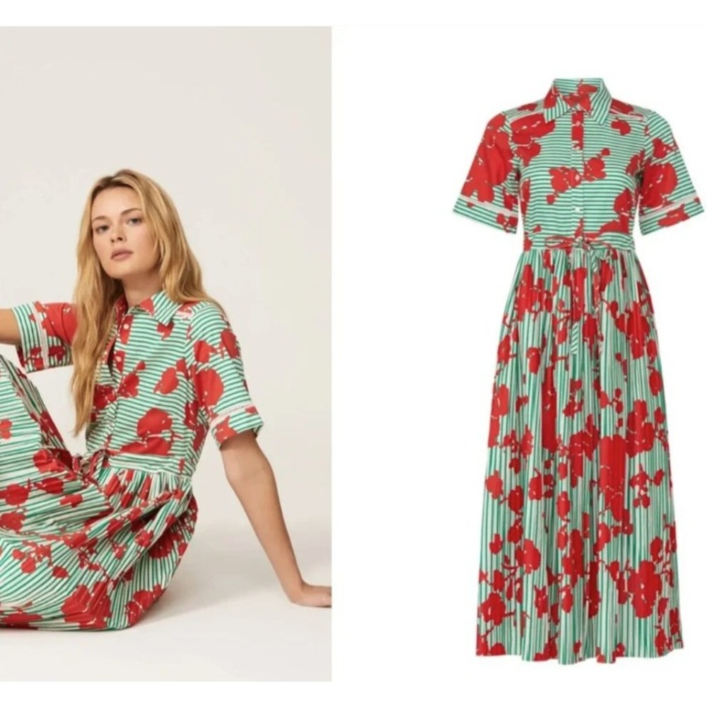 Hunter Bell New York Red Floral Green Stripe Cotton Midi Shirt Dress XS 22SPD14A